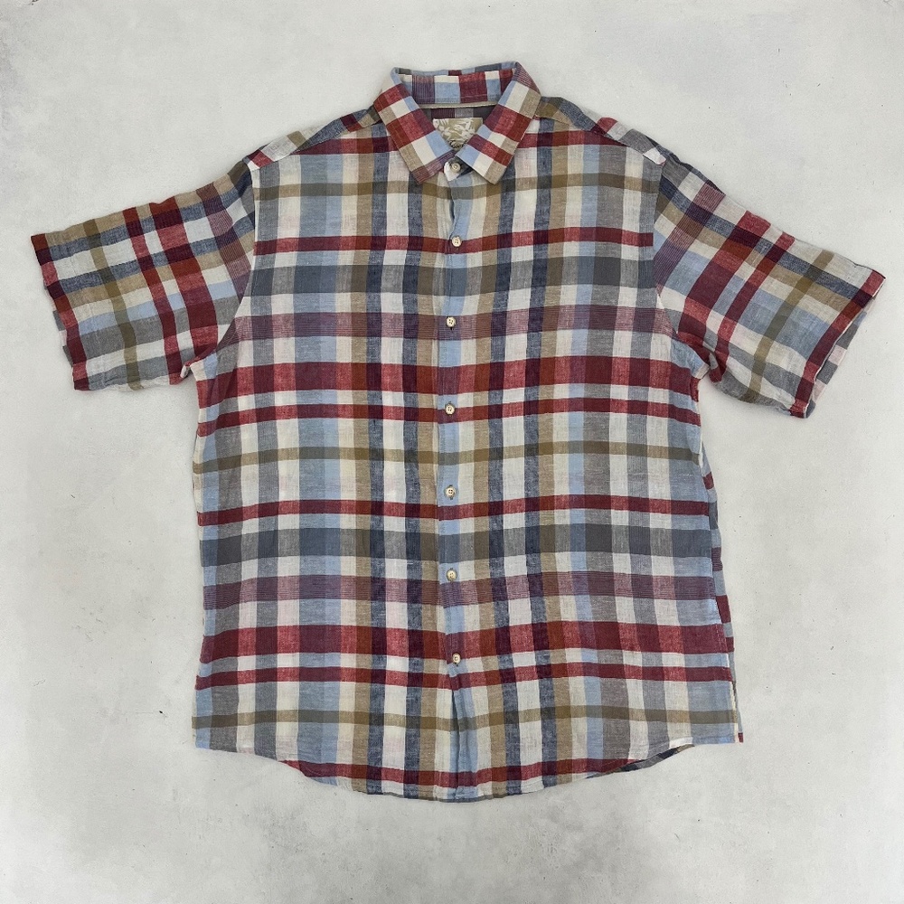 Tasso Elba Men Size M Button Up Shirt Multicolor Plaid Linen‎ Blend Short Sleeve